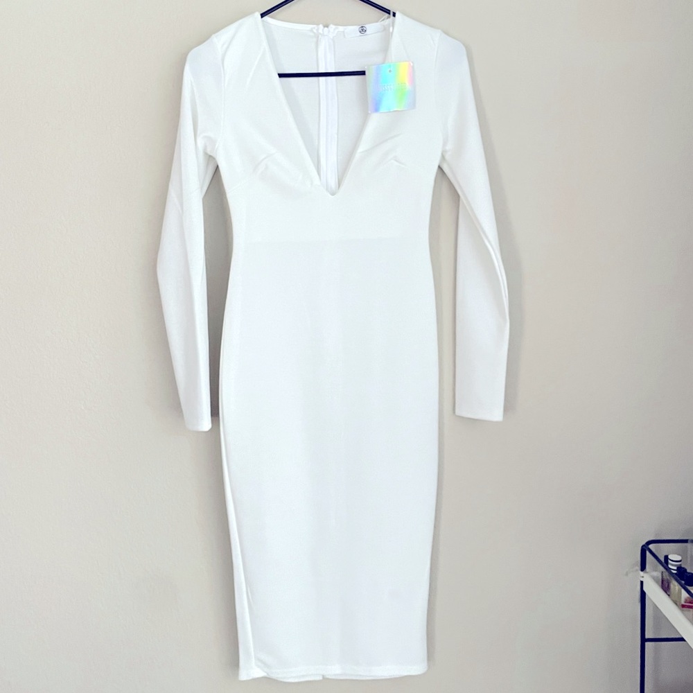 Misguided midi long sleeve deep V cut white dress